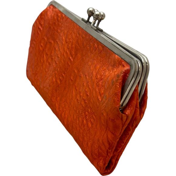 Vintage Kiss Lock Clutch Wallet Faux Leather Crock Embossed Orange - Picture 2 of 8